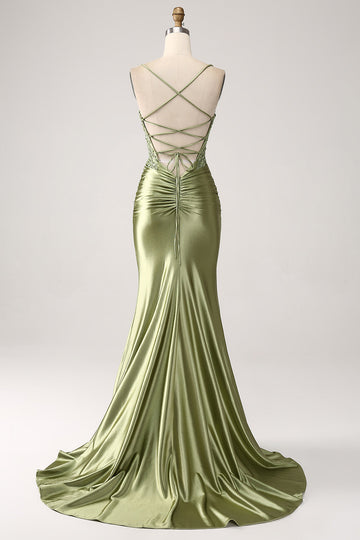 Mermaid Sage Spaghetti Straps Lace-up Back Ball Dress with Slit